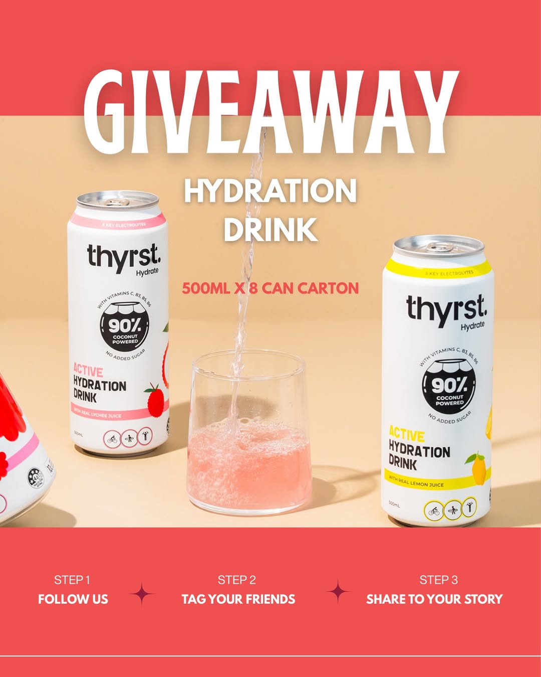 GIVEAWAY TIME! We’re feeling extra refreshed and want to share the goodness with YOU! Win a FREE 8-can carton of Thyrst Hydrate – a delicious hydration drink made with-• 90 real fruit juice